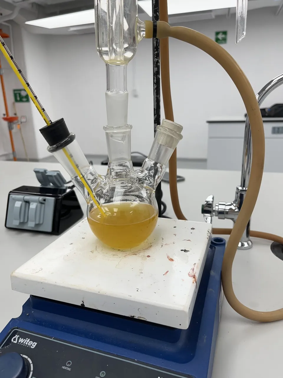 Laboratory glassware with a thermometer and condenser