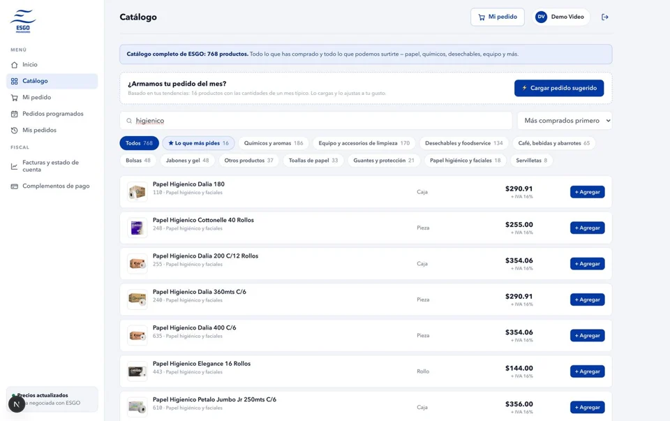 ESGO demo portal: Catalog. 768 products, with keyword and synonym search and an order suggestion based on purchase history.
