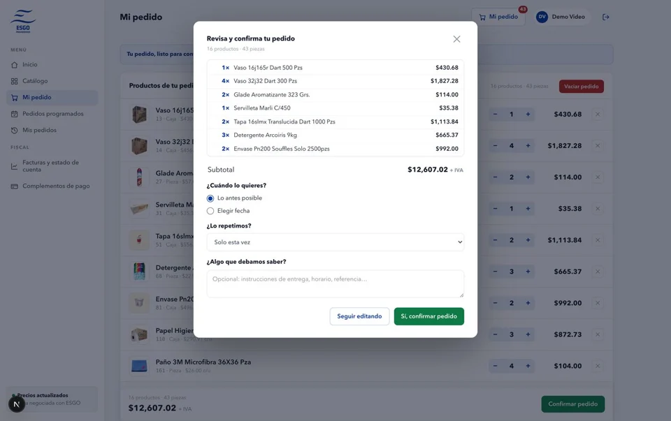 ESGO demo portal: Order confirmation. Delivery date, recurring schedule, and notes. Nothing is sent before confirmation.