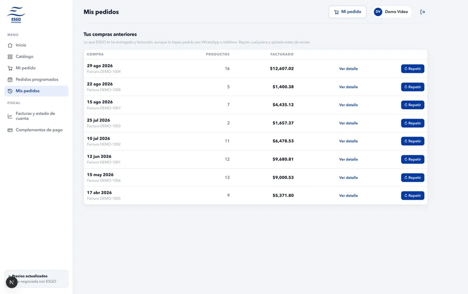 ESGO demo portal: Order history. Previous purchases in one place, including orders originally placed outside the portal.