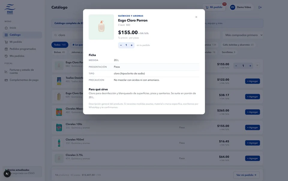ESGO demo portal: Product details. Presentation, use, and precautions, shown at the customer’s negotiated price.