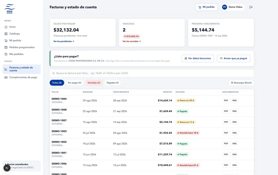 ESGO demo portal: Account statement. Balances, overdue items, due dates, and invoice downloads in PDF and XML.