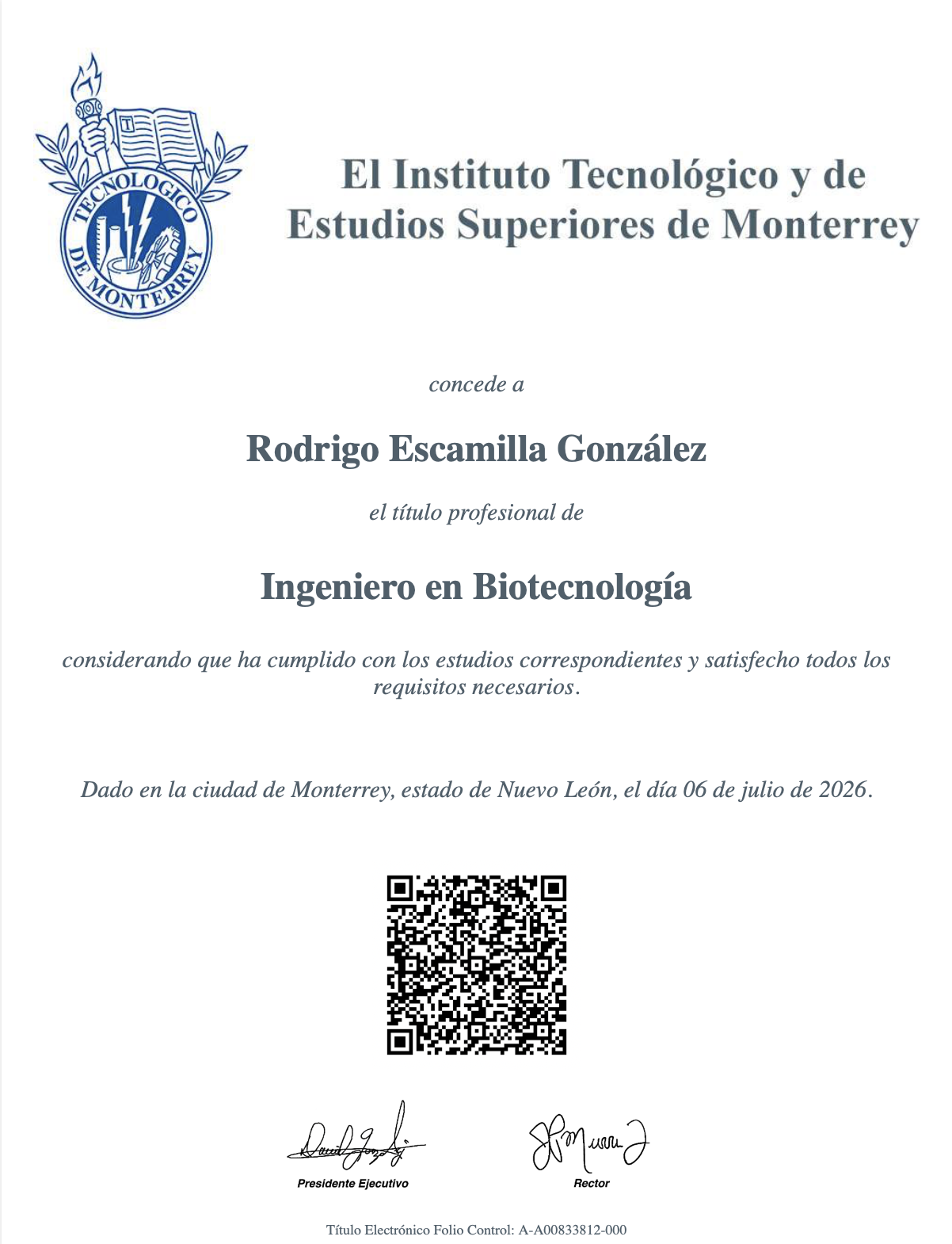 Rodrigo Escamilla González’s biotechnology engineering degree from Tecnológico de Monterrey